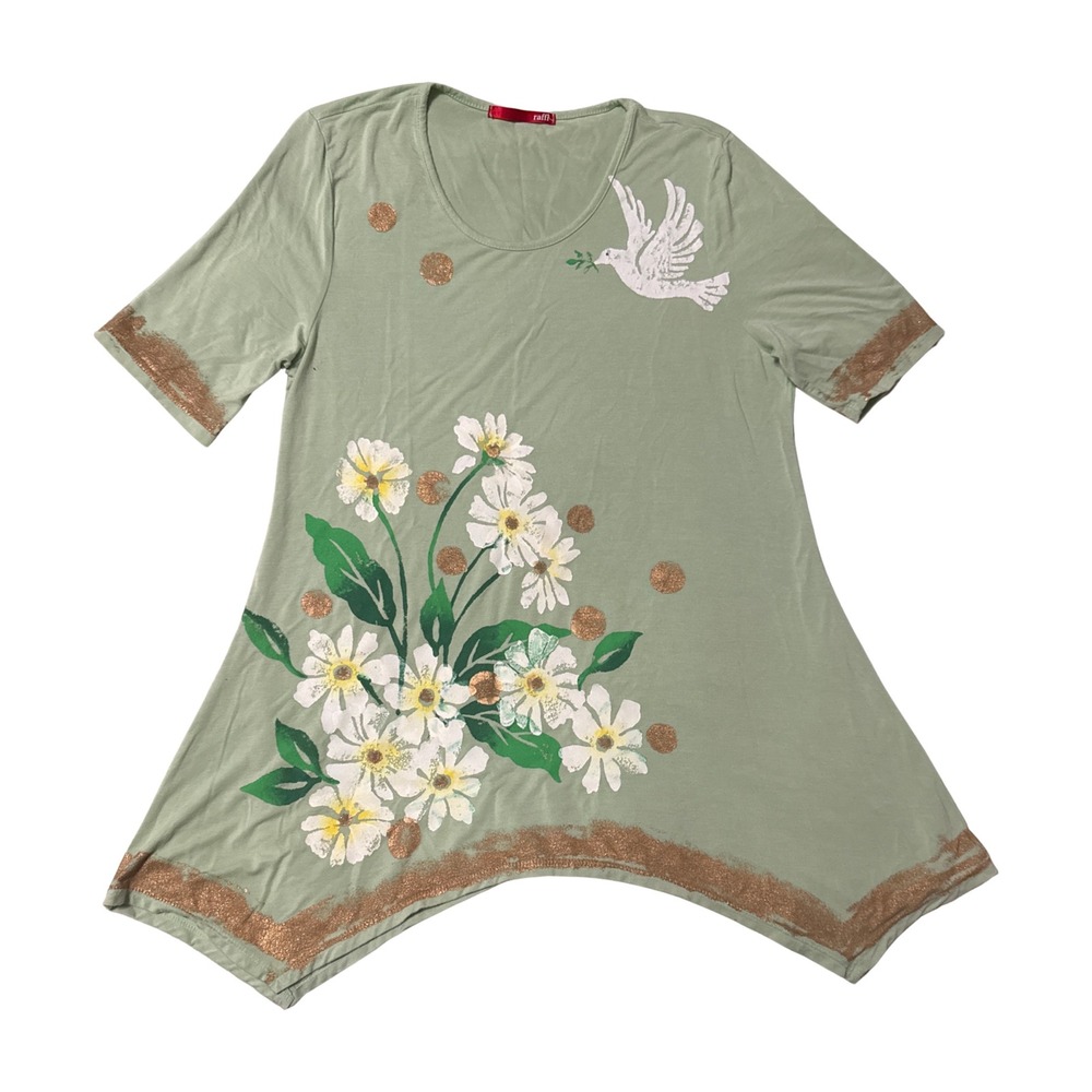 Raffi Hand Painted Tunic Top Small Sage Green Floral Dove Sharkbite Hem Artwear